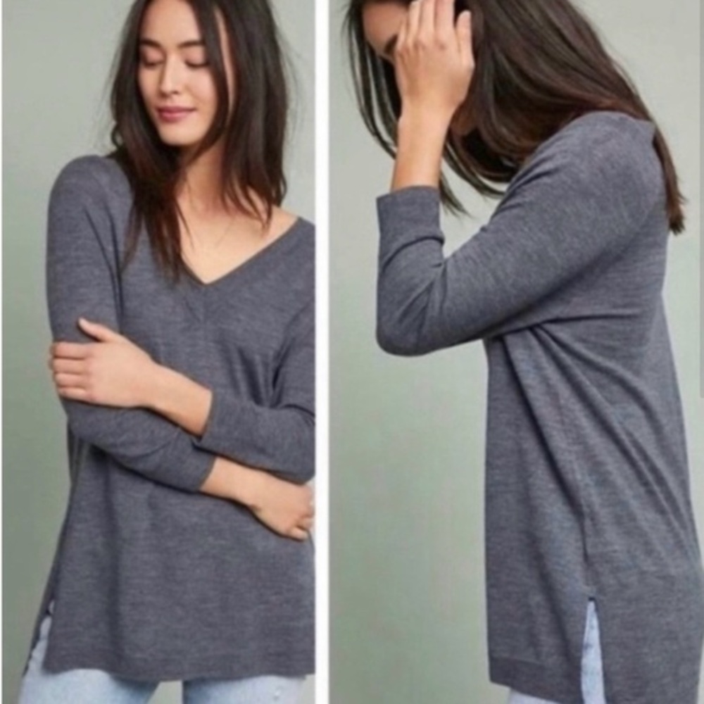 Moth for Anthropologie Extra Fine Merino Wool Gray V-Neck 3/4 Sleeve Pullover XS